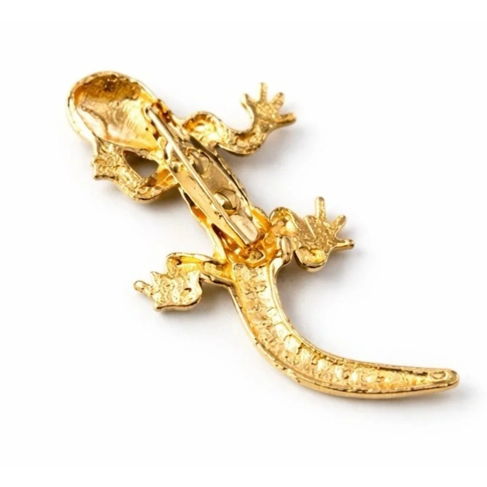 White Rhinestone Lizard W/ Green Eyes Brooch Gold Tone Metal Accent Pin 2